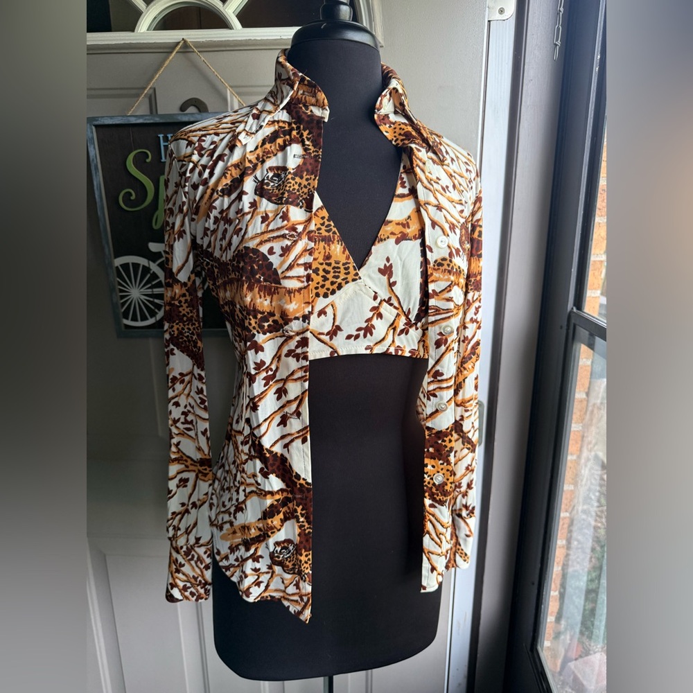 Vintage 70s Ego Chicago jungle leopard bra top halter shirt set, size medium